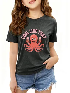 Close-up detail of cute octopus ice cream print graphic on dark gray short sleeve t-shirt.