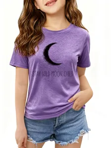 Purple short sleeve t-shirt featuring moon graphic and slogan for casual daily wear.