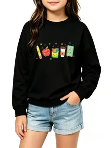 Niedlicher Cartoon-Briefpapier-Print Langarm schwarzer Pullover für Kinder Alltag Herbst