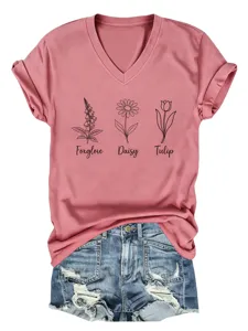 Casual dames t-shirt met v-hals en korte mouwen met leuke botanische lijnkunst en bloemenprint.