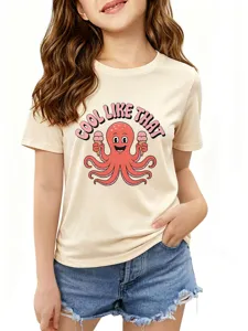 Cute cartoon octopus print short sleeve crewneck t-shirt for kids casual summer daily wear