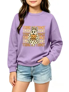 Kinder Langarm Halloween Geist Pullover mit Leo Kürbis Druck und Jeansshorts Outfit