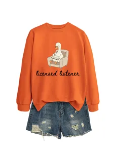 Detailed view of orange long-sleeve sweatshirt featuring cute duck graphic and letter print.