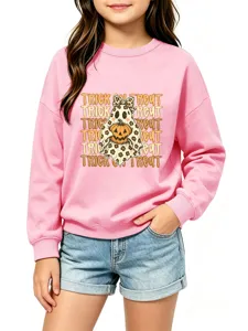 Kinder Halloween Geist Kürbis Pullover süßer Leo-Print rosa Sweatshirt Freizeit Top