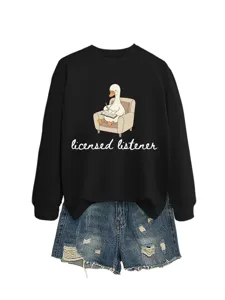 Casual long sleeve black sweatshirt with cute duck graphic and denim shorts set for women.