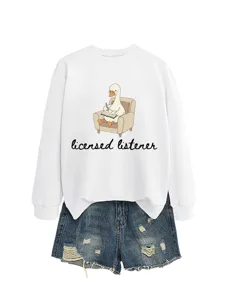 Casual white crewneck sweatshirt with cute duck graphic and distressed denim shorts.