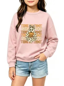 Kinder rosa Pullover mit niedlichem Leo Geist Kürbis Halloween Grafikdruck Oberteil.