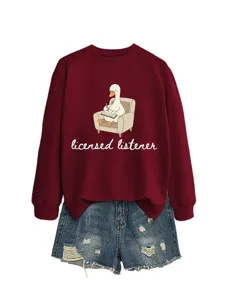 Women's cute duck graphic maroon sweatshirt paired with ripped blue denim shorts set.