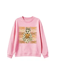Rosa Kinder Halloween Pullover mit süßem Leopardenmuster Geist und Kürbis Grafikdesign.