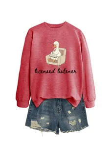 Detailed view of the cute duck print long sleeve casual sweatshirt with denim shorts.