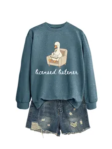 Casual fashion cute women's duck graphic print sweatshirt with ripped denim shorts set.
