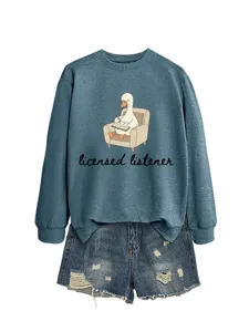 Casual women long sleeve cute duck graphic sweatshirt and distressed denim shorts set