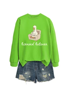 Women casual green sweatshirt featuring a cute duck print and licensed listener slogan detail.