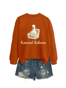 Orange long-sleeve sweatshirt featuring a cute duck reading graphic and letter print.