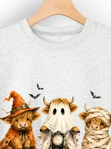 Felpa da donna con stampa carina di mucca delle Highland di Halloween maglia grigia casual