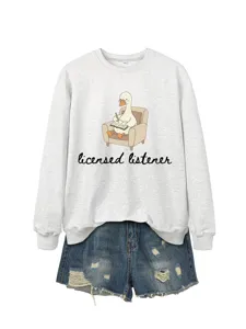 Casual funny cute duck graphic print long sleeve crewneck sweatshirt with denim shorts set.