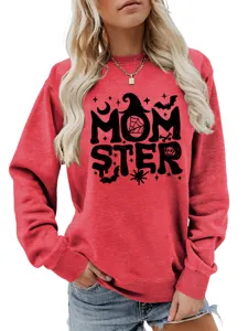 Detailansicht des roten Damen Sweatshirts mit einem lustigen Halloween Monster Grafikprint.