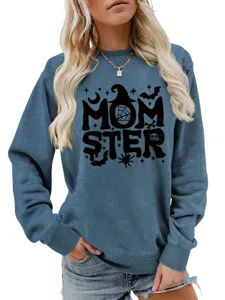 Lässiger blauer Damen Sweatshirt mit gruseligem MOM STER Halloween Hexenhut Motiv.