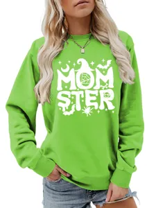 Damen Freizeit Herbst Winter Sweatshirt mit Halloween Mom Ster Hexenhut Print Detail.