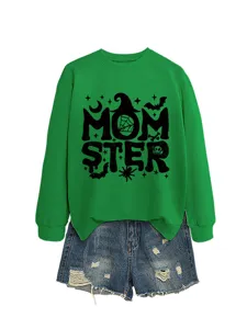 Damen gruene Langarm Sweatshirt mit Halloween Hexenhut Grafik und lustigem Buchstaben.