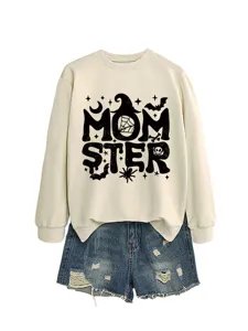 Damen halloween sweatshirt freizeit langarm rundhals pullover mit gruseligem print match denim shorts