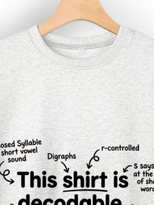 Detail view of light grey women casual sweatshirt featuring educational phonics graphic print.