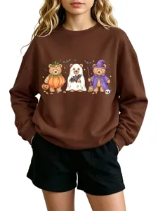 Halloween cute three bears print brown long sleeve sweatshirt casual crewneck pullover top detail