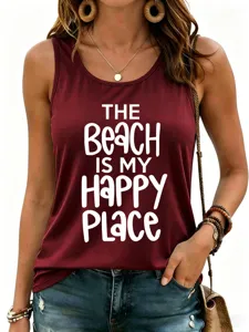 Gedetailleerd overzicht van de stijlvolle dames slogan print tanktop, comfortabele stof.