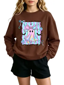 Casual brown sweatshirt featuring a cute holographic ghost bow print, perfect for stylish autumn wear.