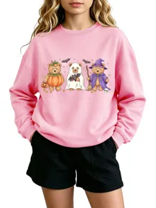 Cute Halloween cartoon bears print pink crewneck sweatshirt for kids and women casual daily wear.