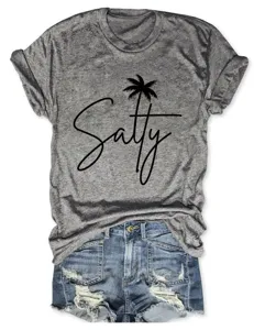 Casual women's grey short sleeve t-shirt with Salty palm tree print and denim shorts.