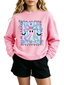 Pink cute ghost graphic sweatshirt long sleeve casual top for autumn and winter daily wear