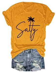 Women casual short sleeve t shirt with salty palm tree graphic print round neck top