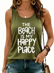 Gedetailleerd overzicht van olijfgroene dames tanktop met strand thema print, casual zomerstijl.