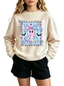 Casual cute holographic ghost bow sweatshirt for women and kids, cozy autumn winter top.