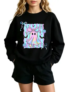 Black crewneck sweatshirt with holographic ghost graphic, stylish cozy casual autumn top.