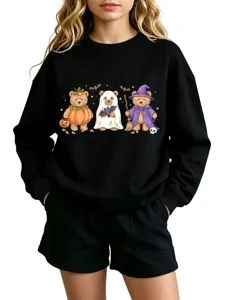 Black crewneck sweatshirt featuring cute Halloween bear graphic print for women casual autumn wear.
