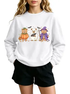 Cute Halloween cartoon bear print crewneck sweatshirt for women and kids, comfortable daily wear.