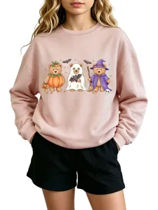 Cute Halloween bear print pink crewneck sweatshirt, casual long sleeve pullover top for women.