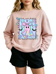 Cute holographic ghost bow print pink crewneck sweatshirt for autumn and winter daily wear.