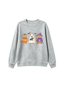 Cute Halloween teddy bear print crewneck sweatshirt, casual gray long sleeve top for kids.