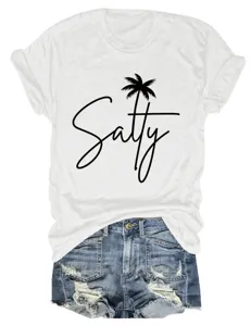 Women casual short sleeve t-shirt with salty letter and palm tree print comfortable crew neck top