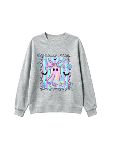 Cute holographic ghost bow graphic crewneck sweatshirt for kids, detailed autumn casual pullover.