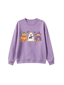 Cute Halloween bear print crewneck sweatshirt in lavender, casual long sleeve pullover top.