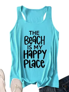 Lichtblauwe dames tanktop met strand slogan print casual zomertop mouwloze kleding