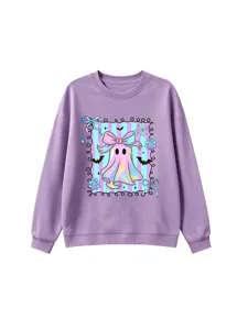 Casual cute ghost printed purple long sleeve sweatshirt for women and kids, stylish autumn top.