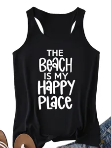 Zwarte dames tanktop met strand thema letter print, comfortabele casual zomertop.