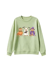 Cute Halloween 3 bears print light green crewneck sweatshirt, casual long sleeve pullover.