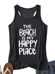 Dames casual donkergrijze sporttanktop met inspirerende strand quote bedrukking.