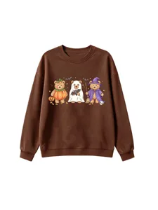 Details view of the cute brown kids sweatshirt featuring adorable Halloween bears print design.